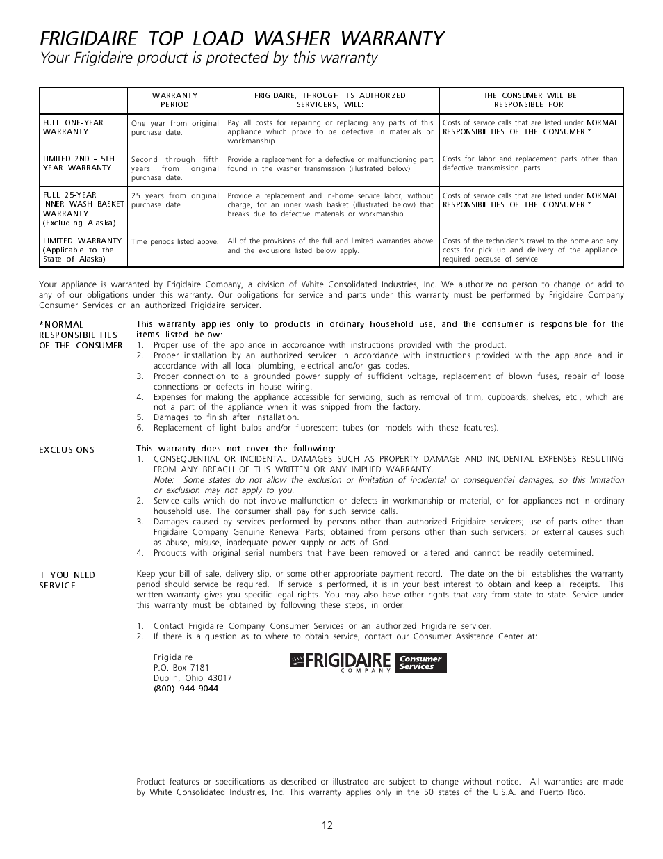Frigidaire top load washer warranty | FRIGIDAIRE 131682000 User Manual | Page 12 / 14