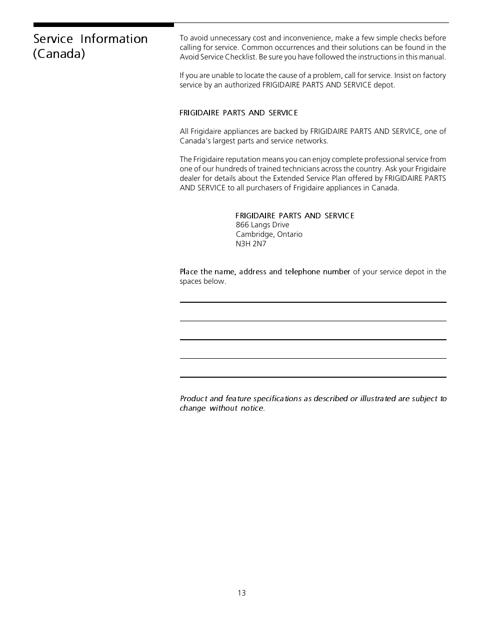 Service information (canada) | FRIGIDAIRE 131682000 User Manual | Page 13 / 14