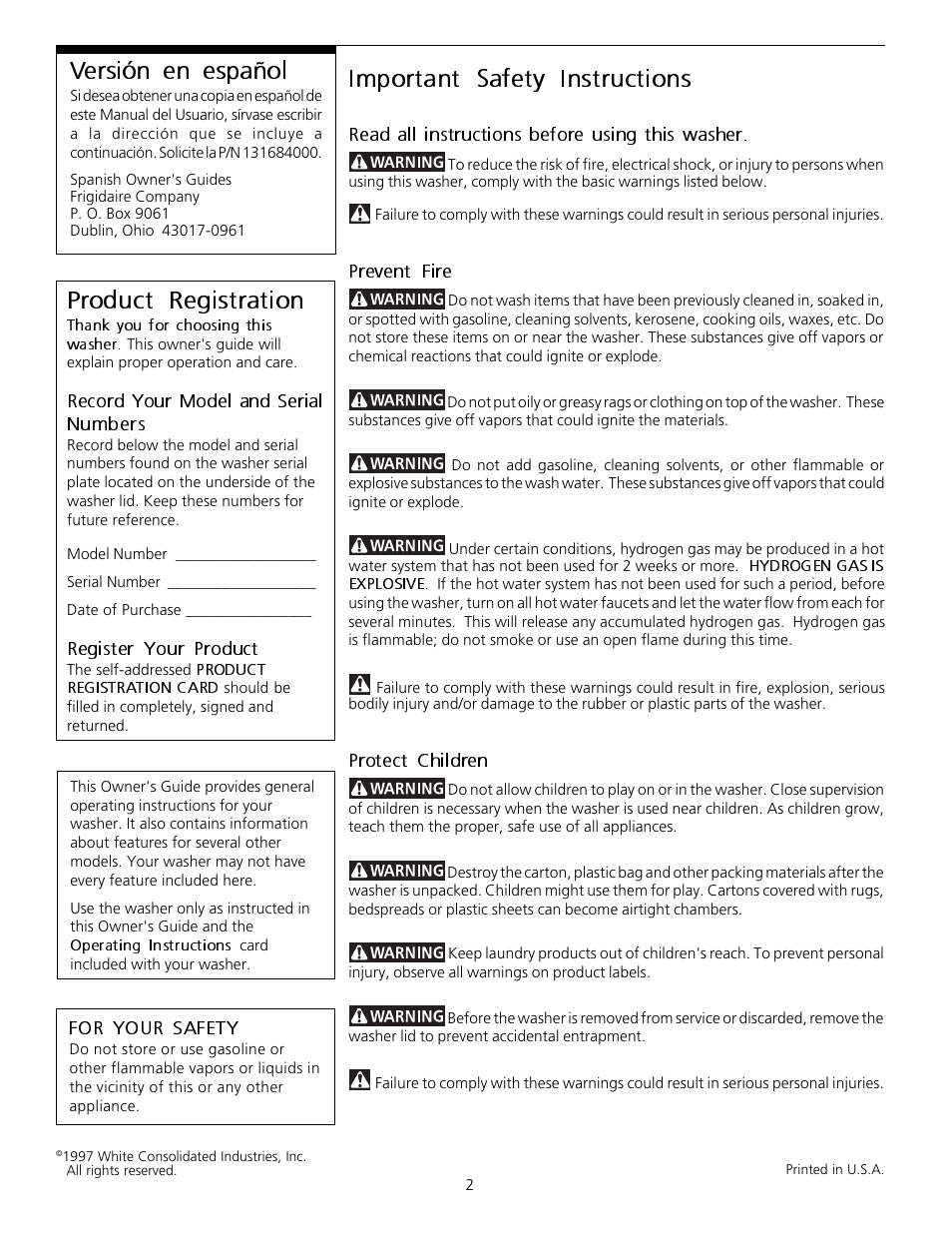 Important safety instructions, Versión en español, Product registration | FRIGIDAIRE 131682000 User Manual | Page 2 / 14
