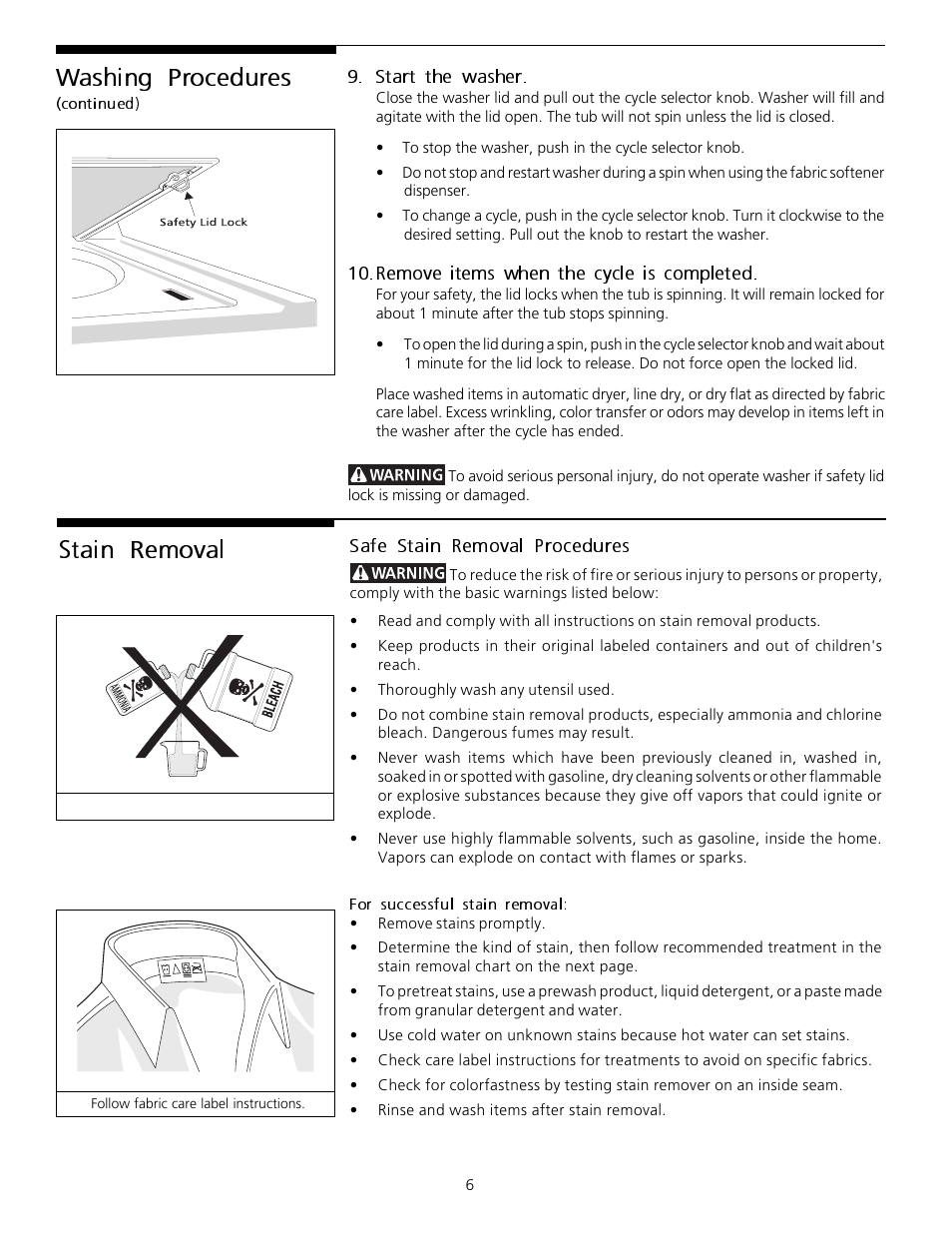 Washing procedures, Stain removal | FRIGIDAIRE 131682000 User Manual | Page 6 / 14