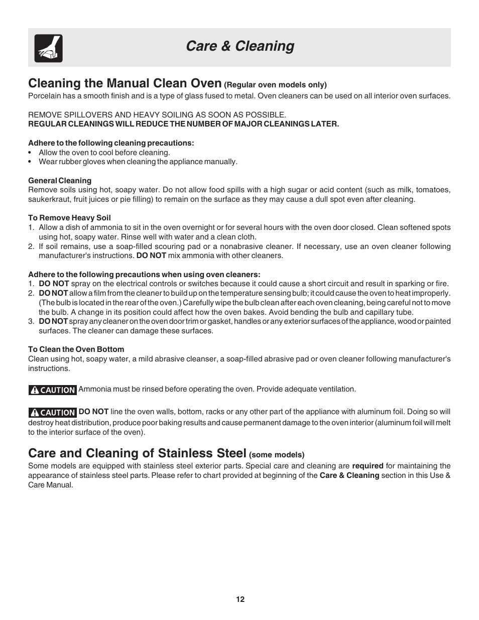 Care & cleaning, Cleaning the manual clean oven, Care and cleaning of stainless steel | FRIGIDAIRE 318200944 User Manual | Page 12 / 16