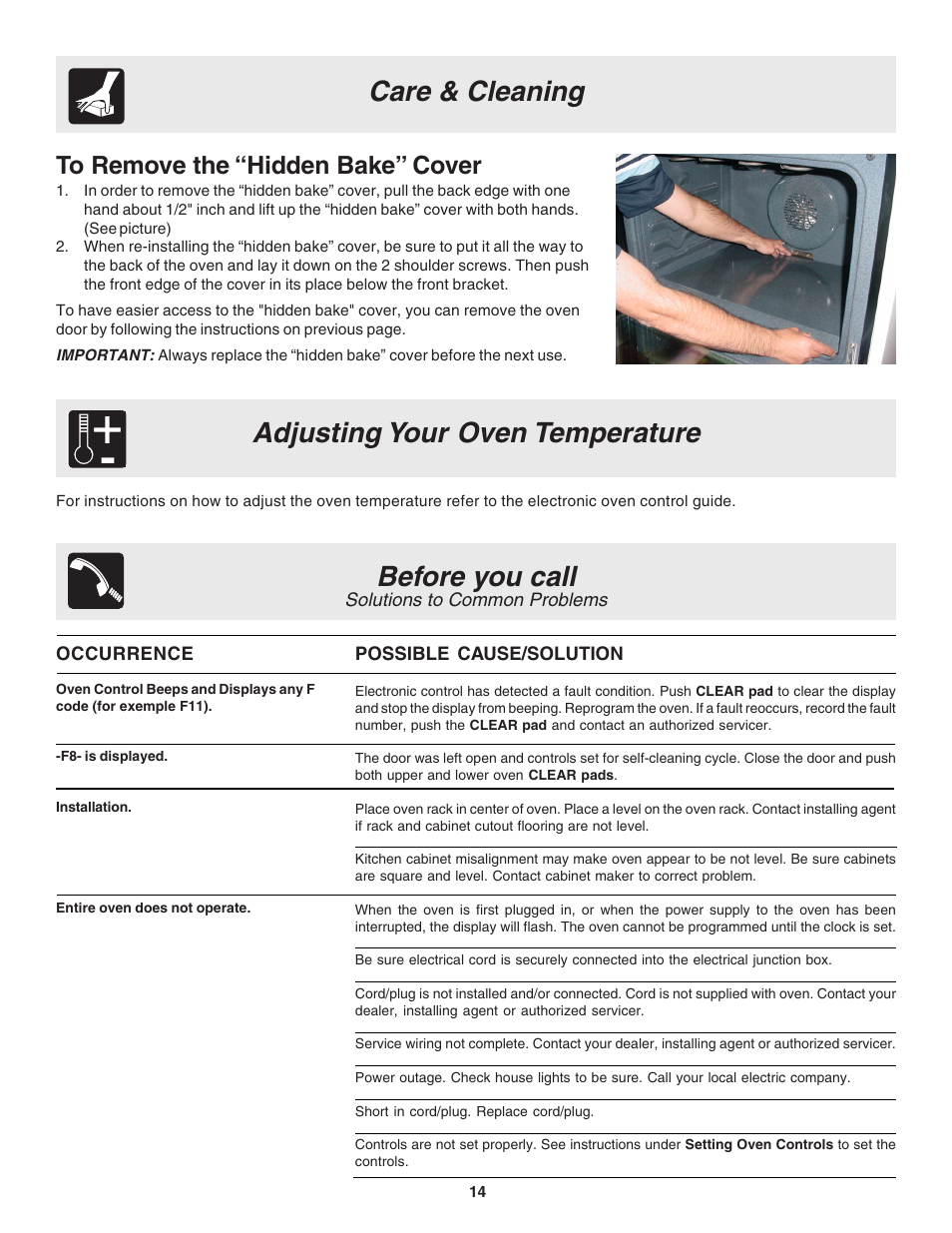 Care & cleaning, Before you call, Adjusting your oven temperature | FRIGIDAIRE 318200944 User Manual | Page 14 / 16