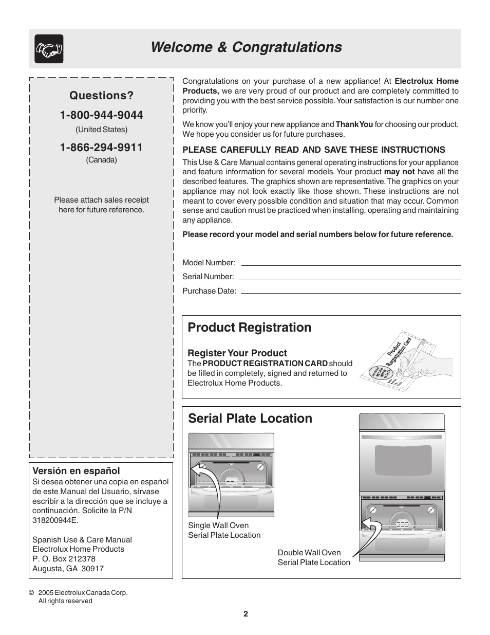 Product registration, Serial plate location | FRIGIDAIRE 318200944 User Manual | Page 2 / 16