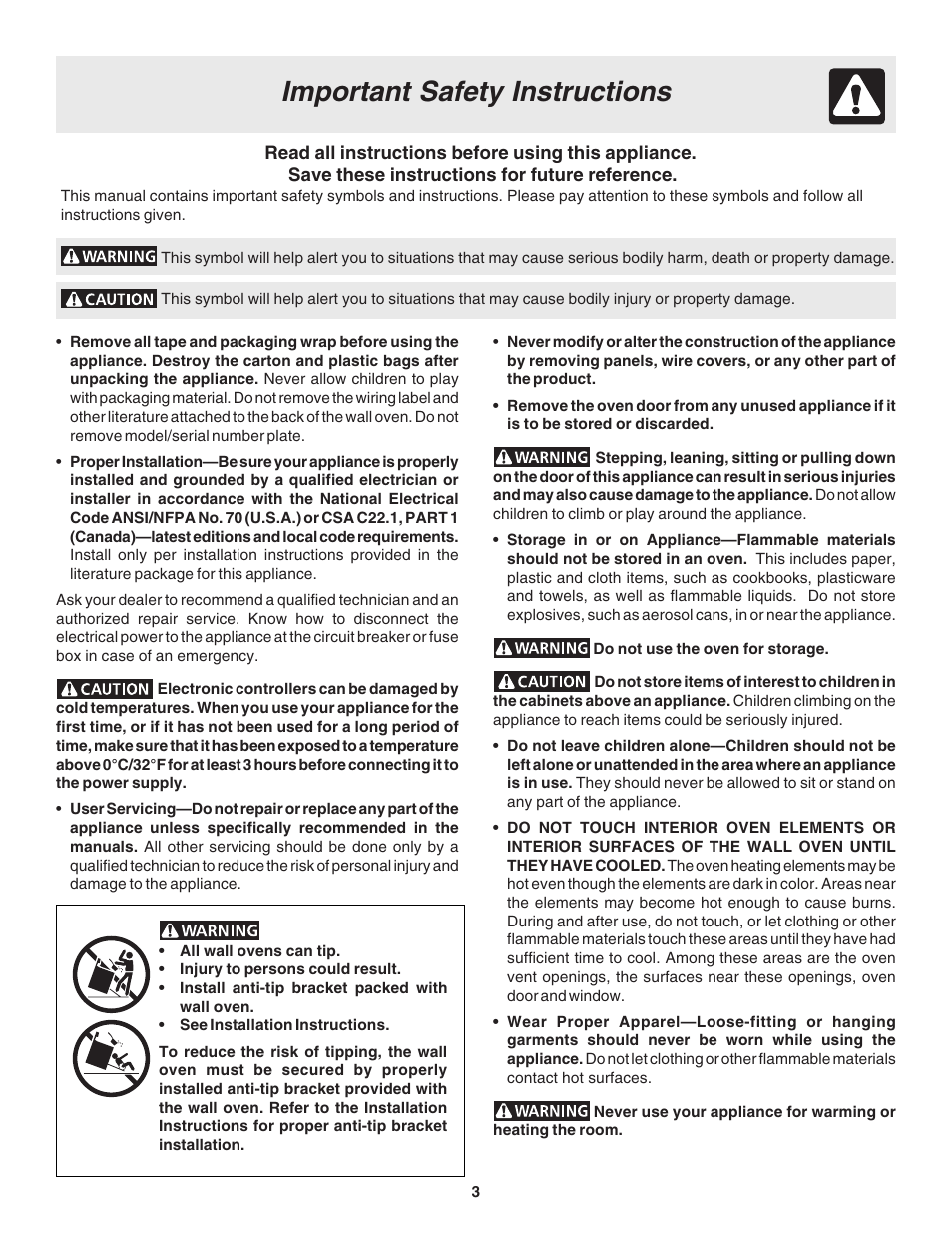 Important safety instructions | FRIGIDAIRE 318200944 User Manual | Page 3 / 16