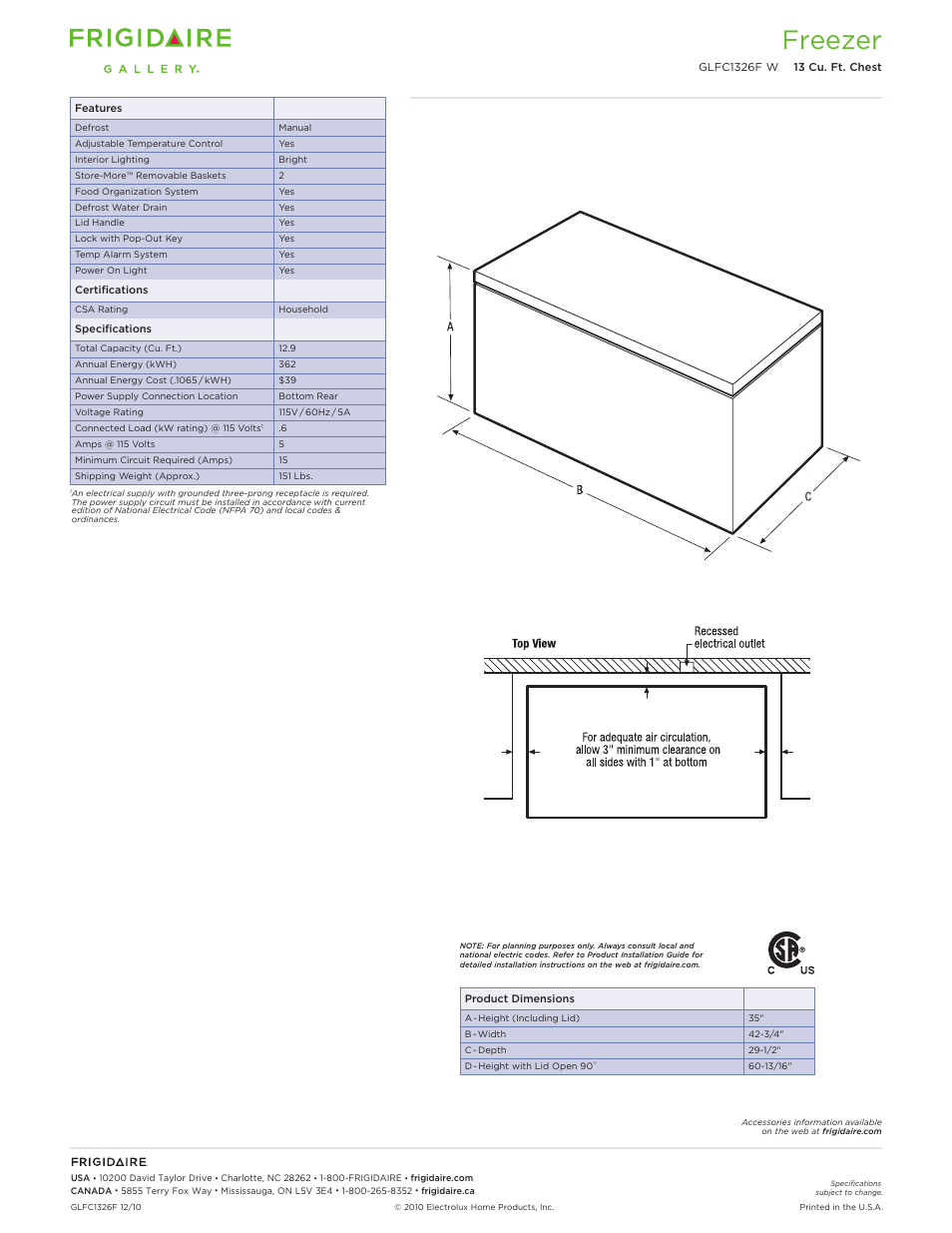 Chest freezers frigidaire baseline, Freezer | FRIGIDAIRE GLFC1326FW User Manual | Page 2 / 2