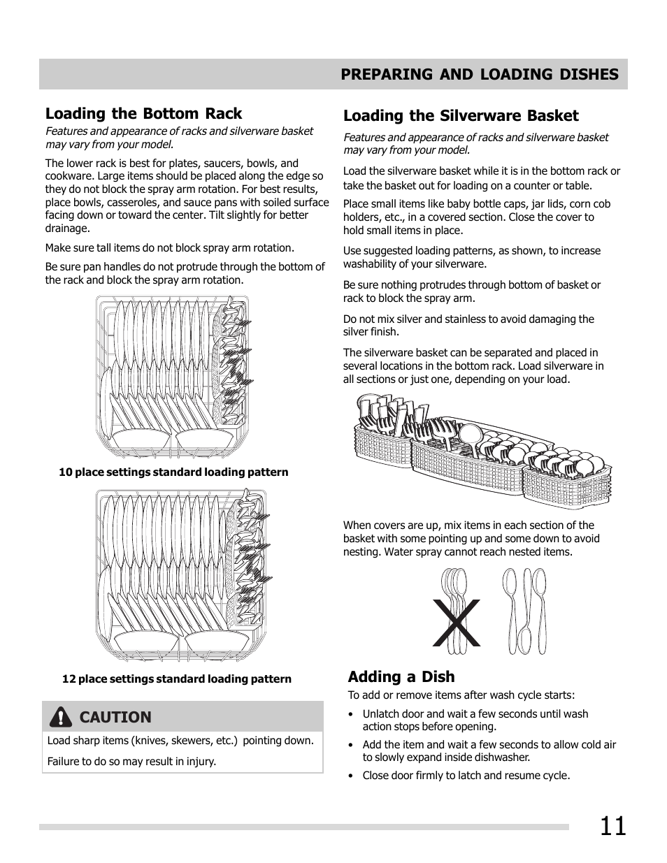 Caution loading the silverware basket, Adding a dish | FRIGIDAIRE 6.75E+11 User Manual | Page 11 / 20