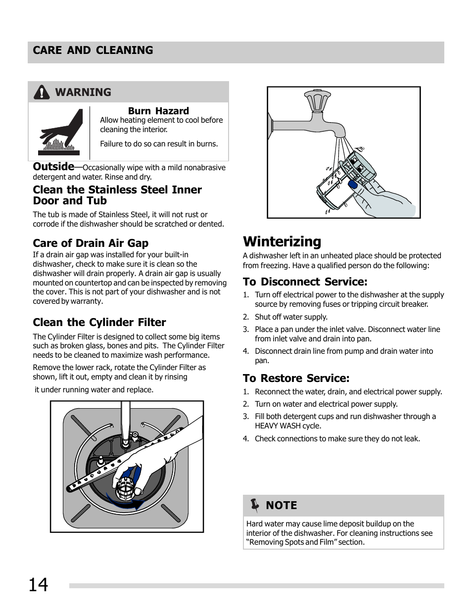 Winterizing, Care of drain air gap, Clean the stainless steel inner door and tub | Clean the cylinder filter | FRIGIDAIRE 6.75E+11 User Manual | Page 14 / 20
