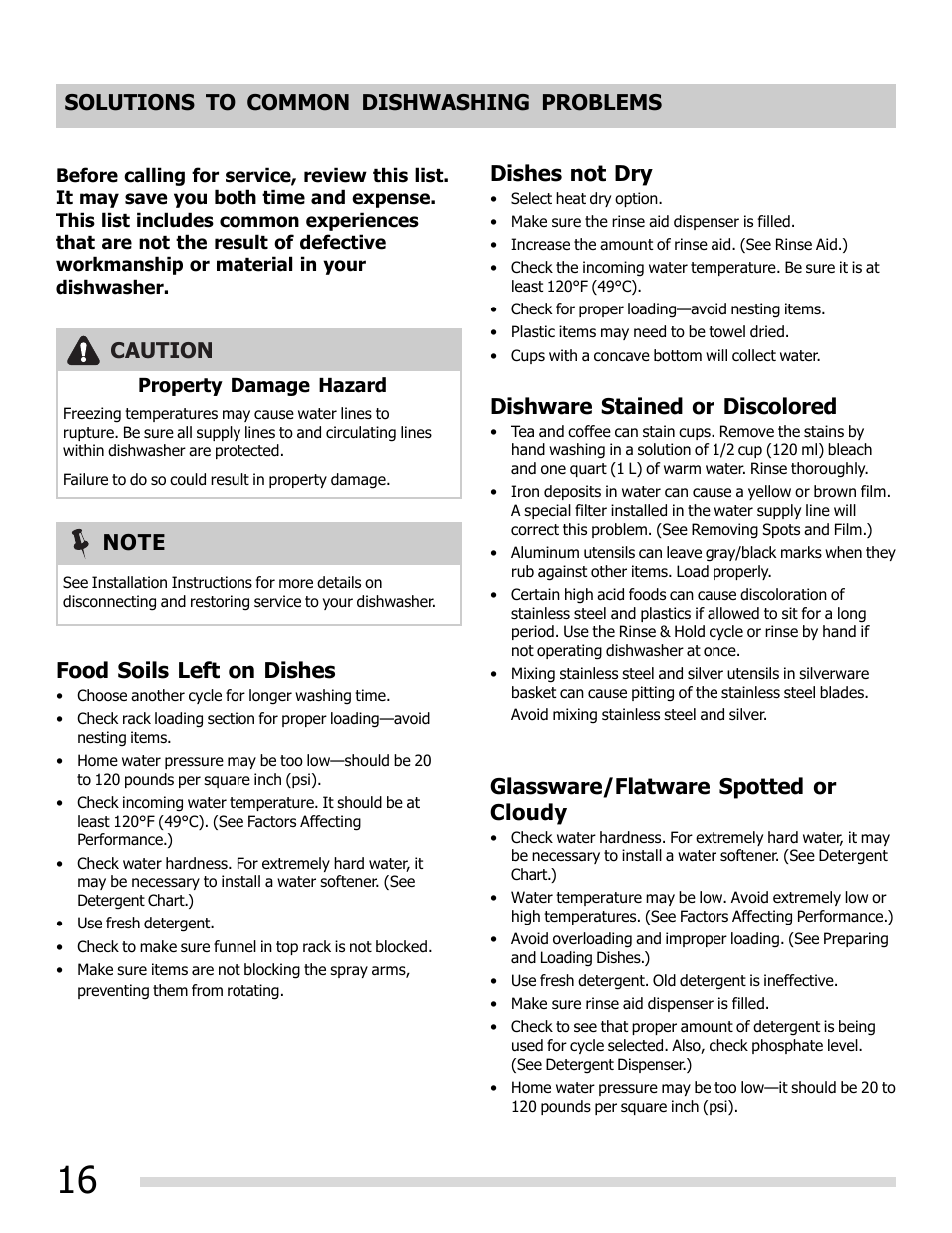 Food soils left on dishes, Glassware/flatware spotted or cloudy, Dishes not dry | FRIGIDAIRE 6.75E+11 User Manual | Page 16 / 20