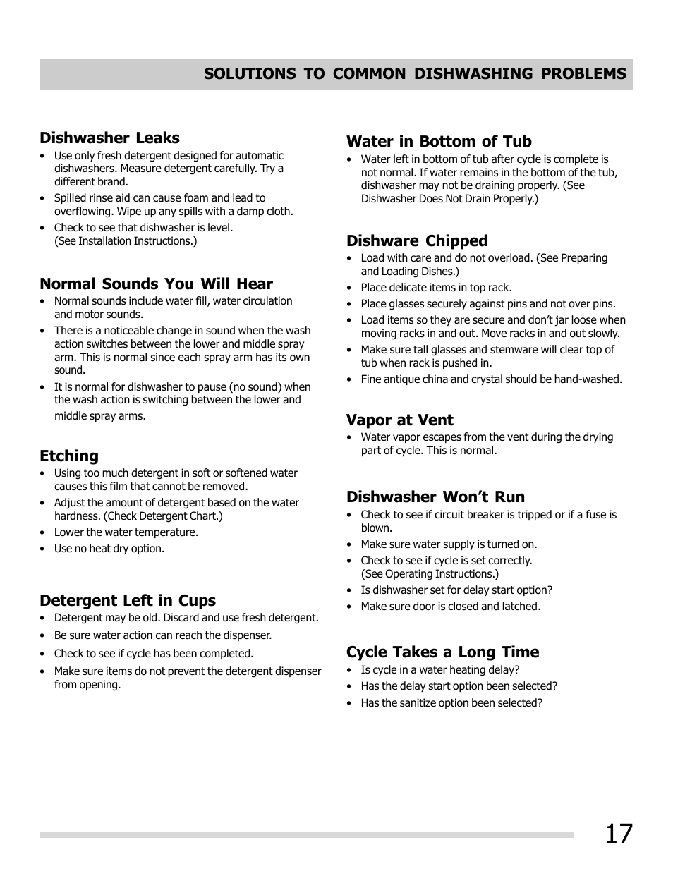 Cycle takes a long time, Normal sounds you will hear, Detergent left in cups | Etching, Water in bottom of tub, Dishware chipped, Vapor at vent, Dishwasher won’t run | FRIGIDAIRE 6.75E+11 User Manual | Page 17 / 20