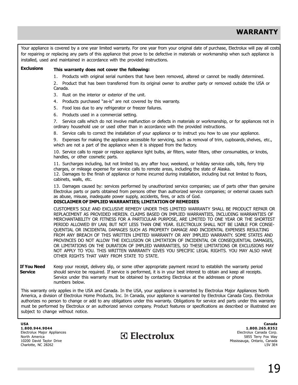 Warranty | FRIGIDAIRE 6.75E+11 User Manual | Page 19 / 20