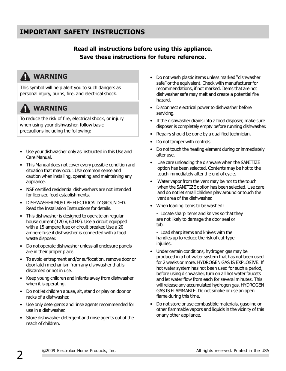 Important safety instructions, Warning | FRIGIDAIRE 6.75E+11 User Manual | Page 2 / 20