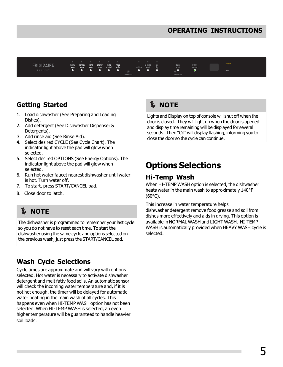 Options selections, Wash cycle selections, Operating instructions | Getting started hi-temp wash | FRIGIDAIRE 6.75E+11 User Manual | Page 5 / 20