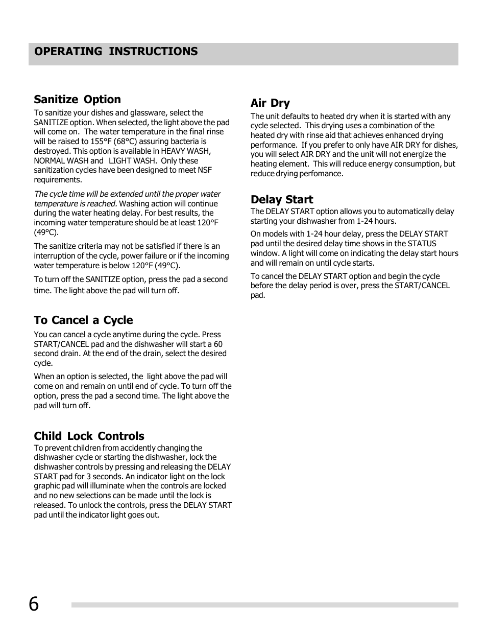 Air dry operating instructions delay start, Child lock controls, Sanitize option to cancel a cycle | FRIGIDAIRE 6.75E+11 User Manual | Page 6 / 20