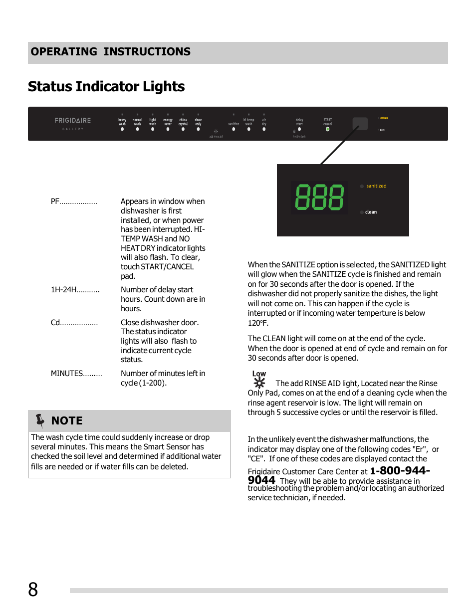 Status indicator lights, Operating instructions | FRIGIDAIRE 6.75E+11 User Manual | Page 8 / 20