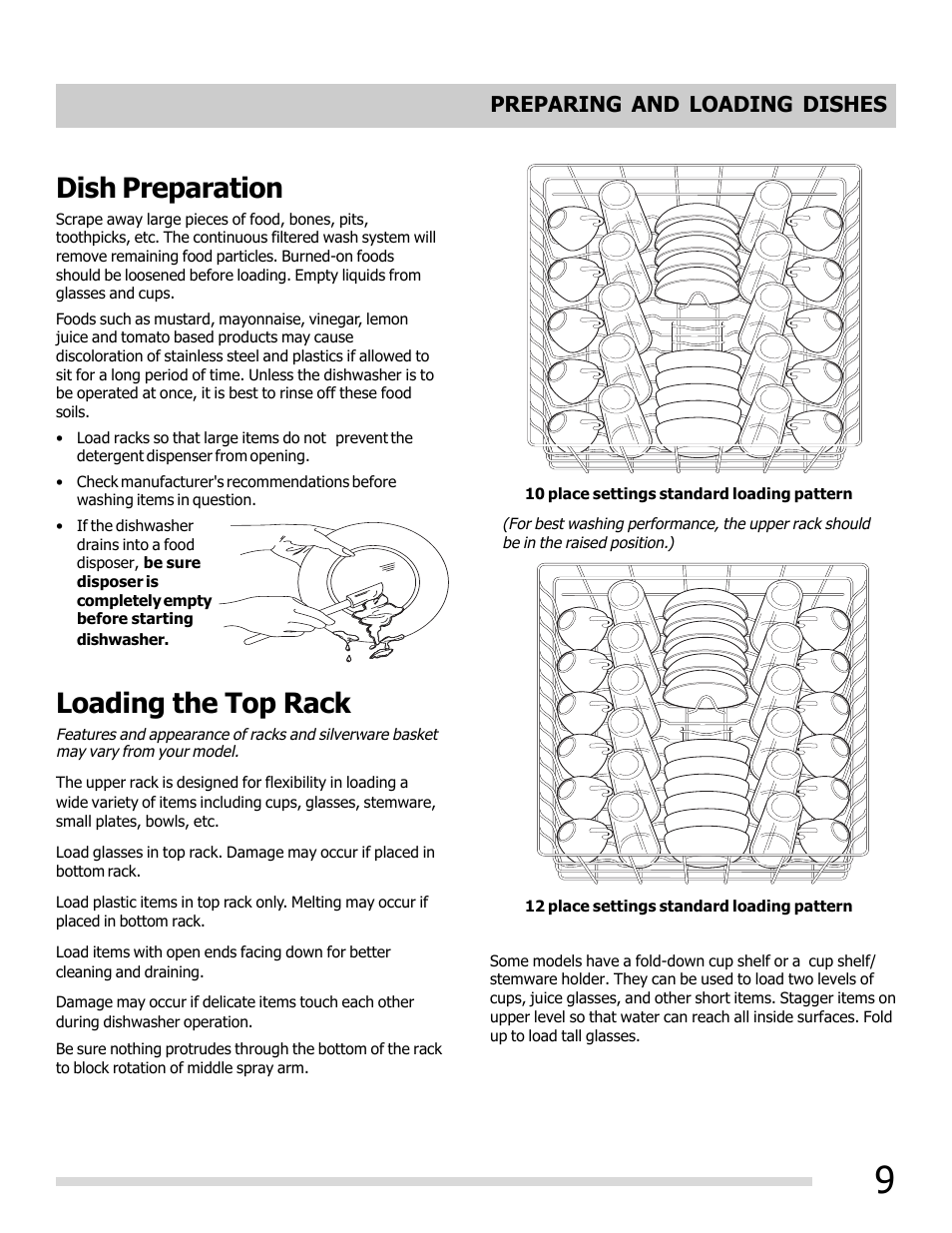 Dish preparation, Loading the top rack, Preparing and loading dishes | FRIGIDAIRE 6.75E+11 User Manual | Page 9 / 20