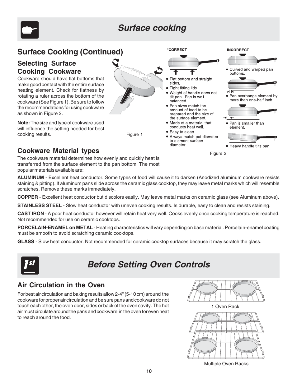 Surface cooking before setting oven controls, Surface cooking (continued), Selecting surface cooking cookware | Cookware material types, Air circulation in the oven | FRIGIDAIRE 318200439 User Manual | Page 10 / 22