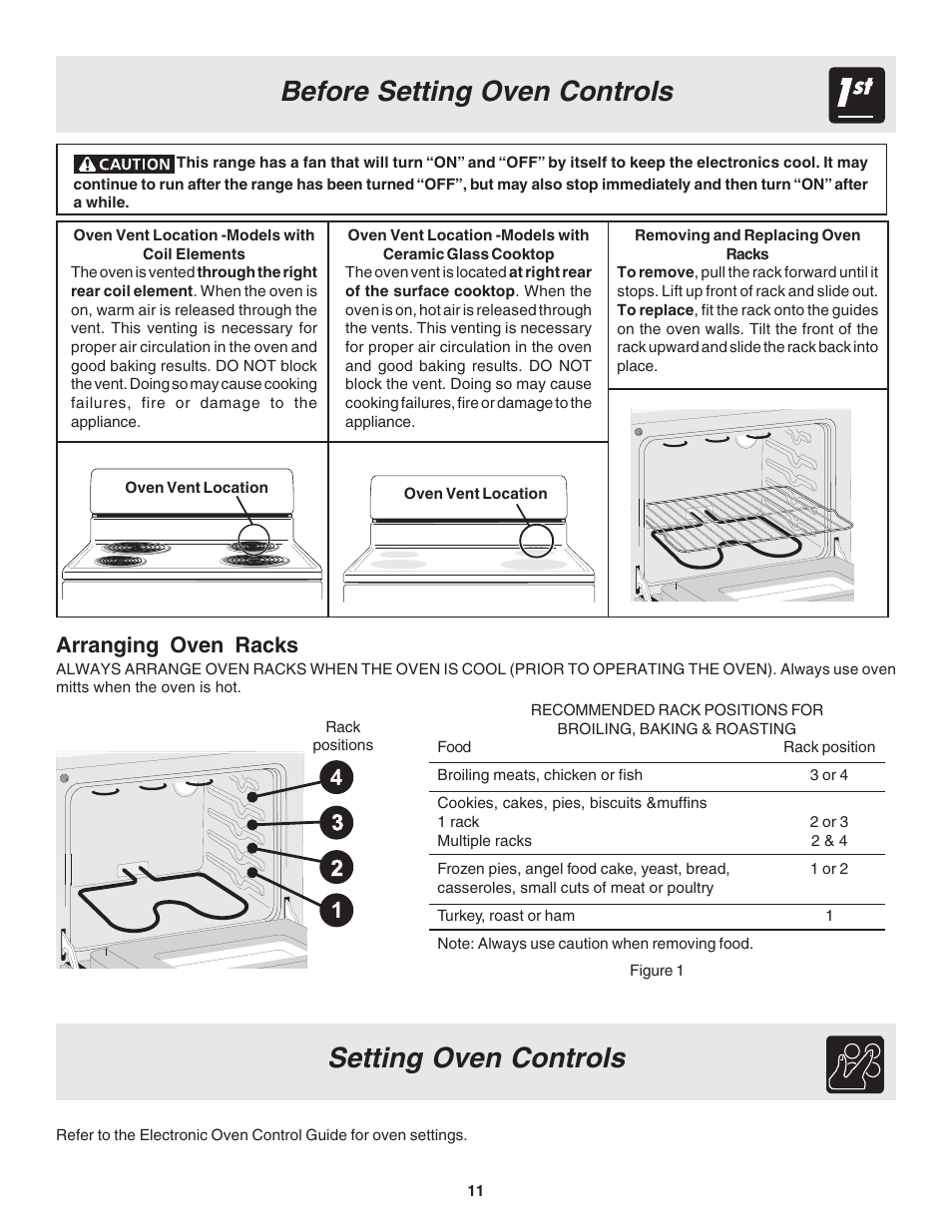 Before setting oven controls, Setting oven controls, Arranging oven racks | FRIGIDAIRE 318200439 User Manual | Page 11 / 22