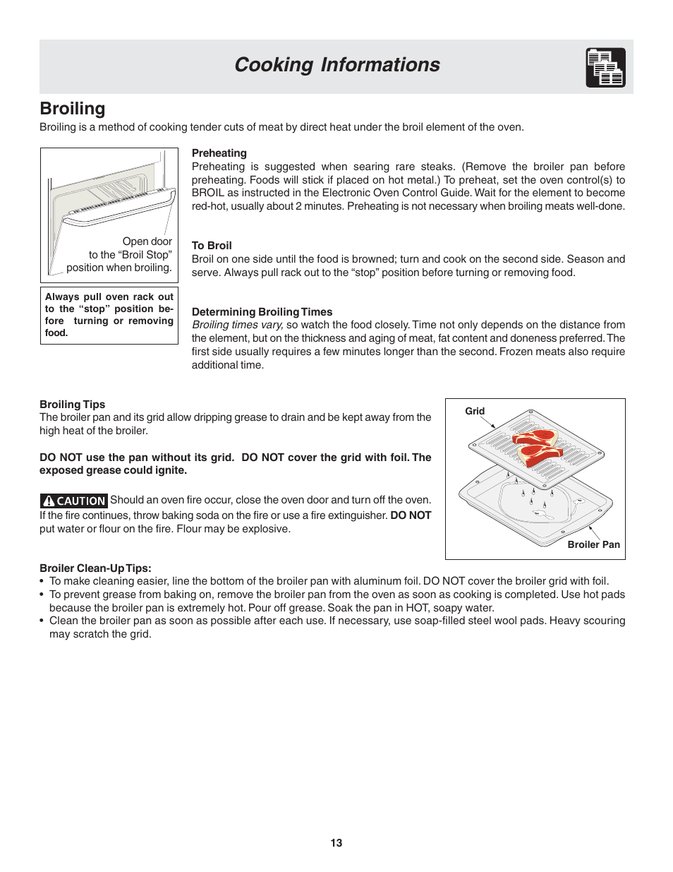 Cooking informations, Broiling | FRIGIDAIRE 318200439 User Manual | Page 13 / 22
