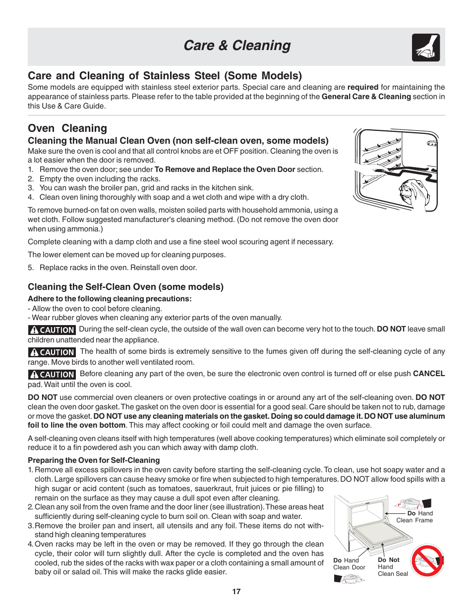 Care & cleaning, Oven cleaning, Care and cleaning of stainless steel (some models) | FRIGIDAIRE 318200439 User Manual | Page 17 / 22