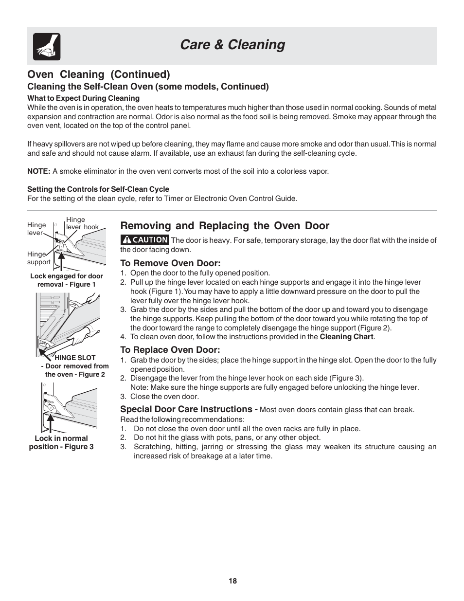 Care & cleaning, Oven cleaning (continued), Removing and replacing the oven door | FRIGIDAIRE 318200439 User Manual | Page 18 / 22