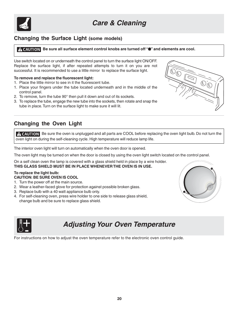 Adjusting your oven temperature, Care & cleaning, Changing the oven light | Changing the surface light | FRIGIDAIRE 318200439 User Manual | Page 20 / 22