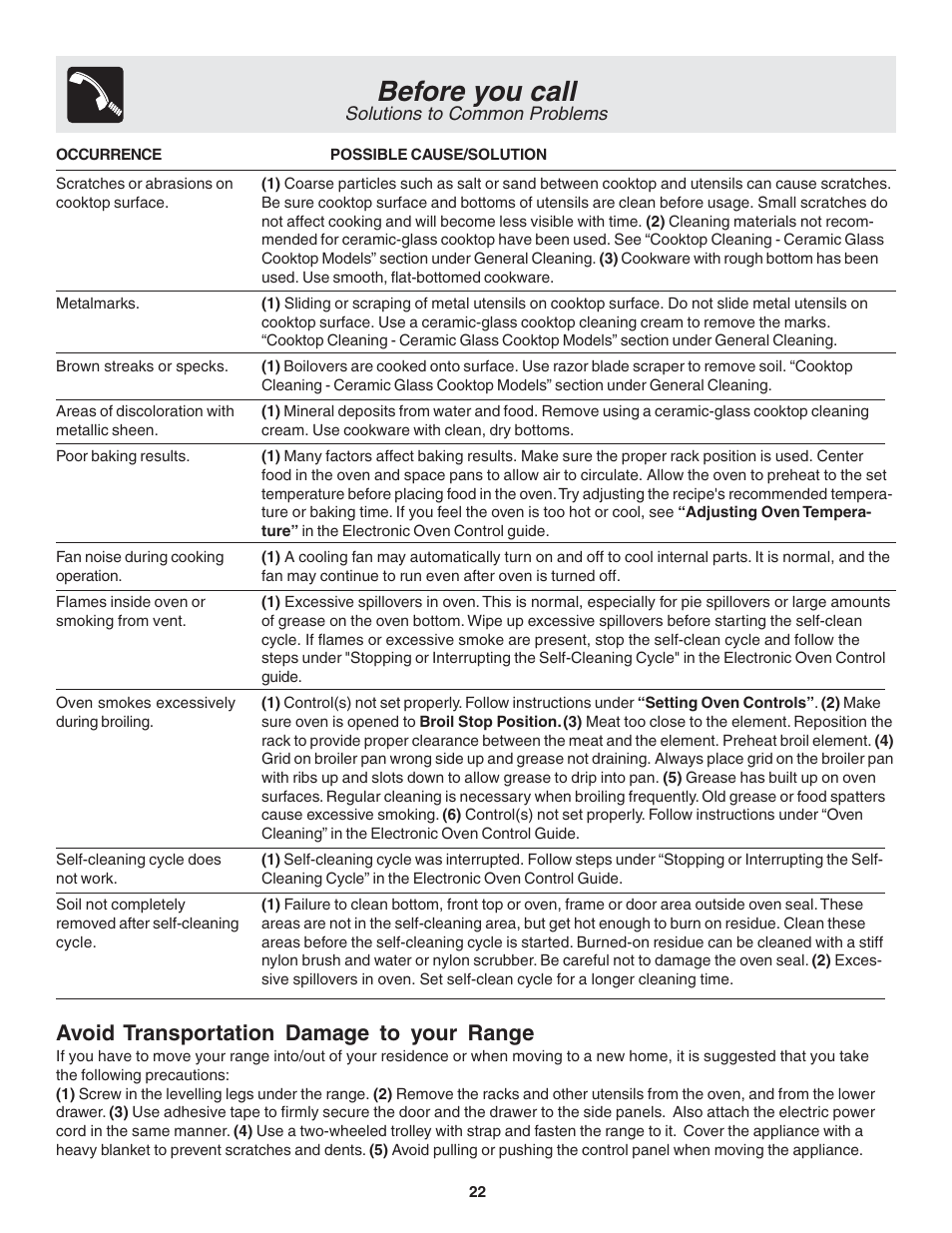 Before you call, Avoid transportation damage to your range, Solutions to common problems | FRIGIDAIRE 318200439 User Manual | Page 22 / 22