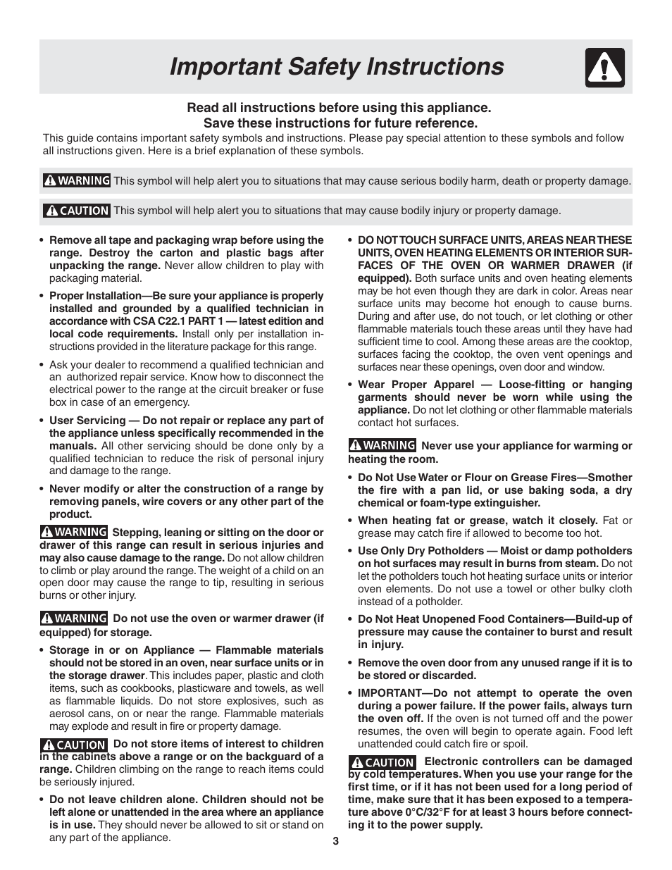 Important safety instructions | FRIGIDAIRE 318200439 User Manual | Page 3 / 22