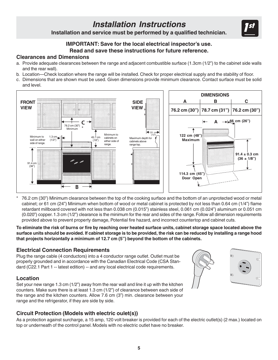 Installation instructions, Electrical connection requirements, Location | Circuit protection (models with electric oulet(s)) | FRIGIDAIRE 318200439 User Manual | Page 5 / 22