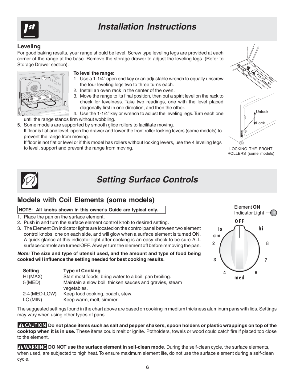 Installation instructions setting surface controls, Models with coil elements (some models) | FRIGIDAIRE 318200439 User Manual | Page 6 / 22
