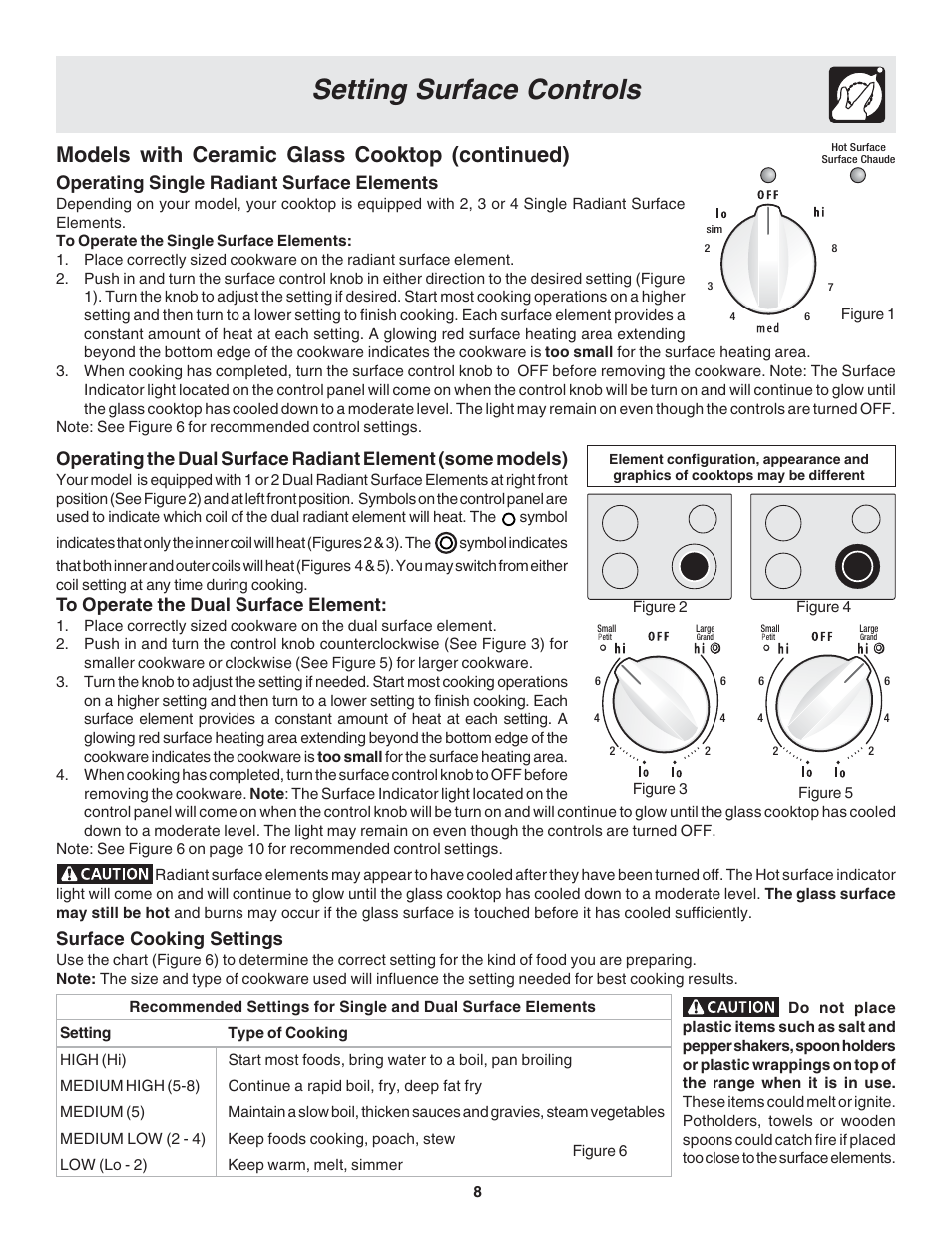 Setting surface controls, Models with ceramic glass cooktop (continued), Surface cooking settings | Operating single radiant surface elements | FRIGIDAIRE 318200439 User Manual | Page 8 / 22