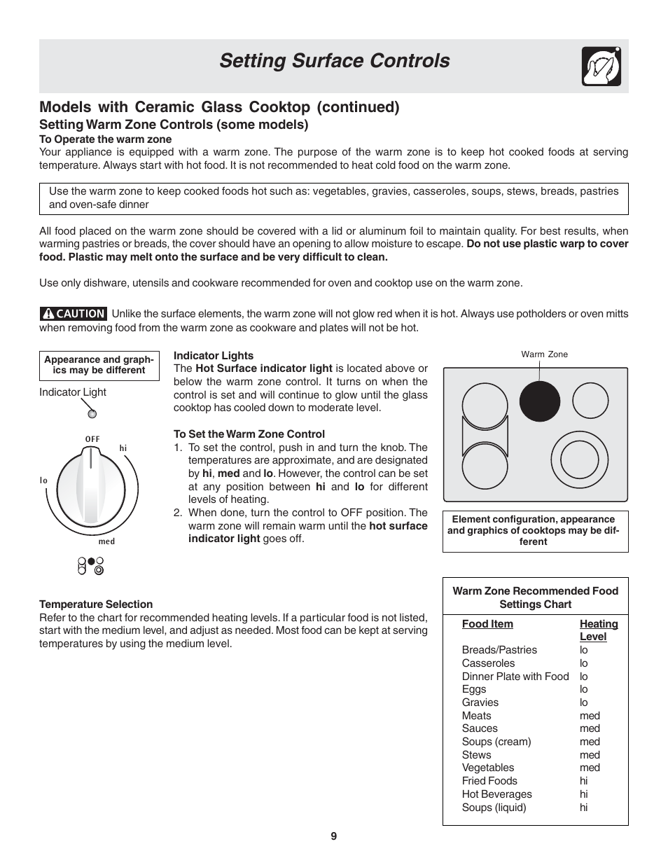 Setting surface controls, Models with ceramic glass cooktop (continued) | FRIGIDAIRE 318200439 User Manual | Page 9 / 22
