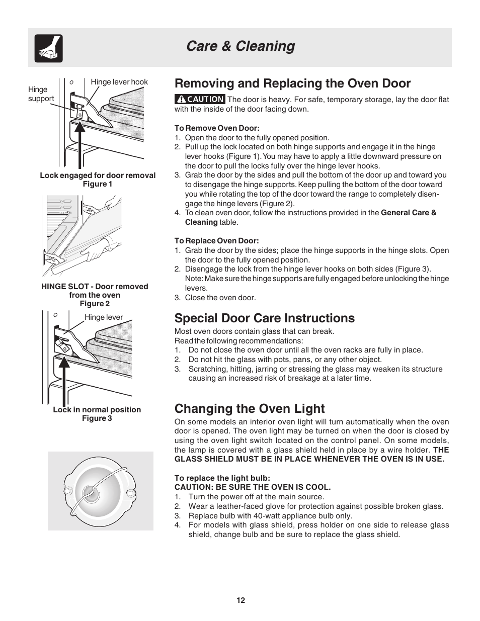 Care & cleaning, Removing and replacing the oven door, Special door care instructions | Changing the oven light | FRIGIDAIRE 318205103 User Manual | Page 12 / 16