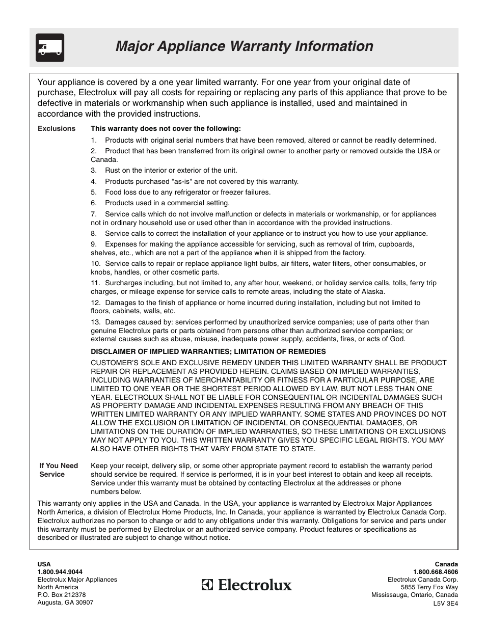 Major appliance warranty information | FRIGIDAIRE 318205103 User Manual | Page 16 / 16