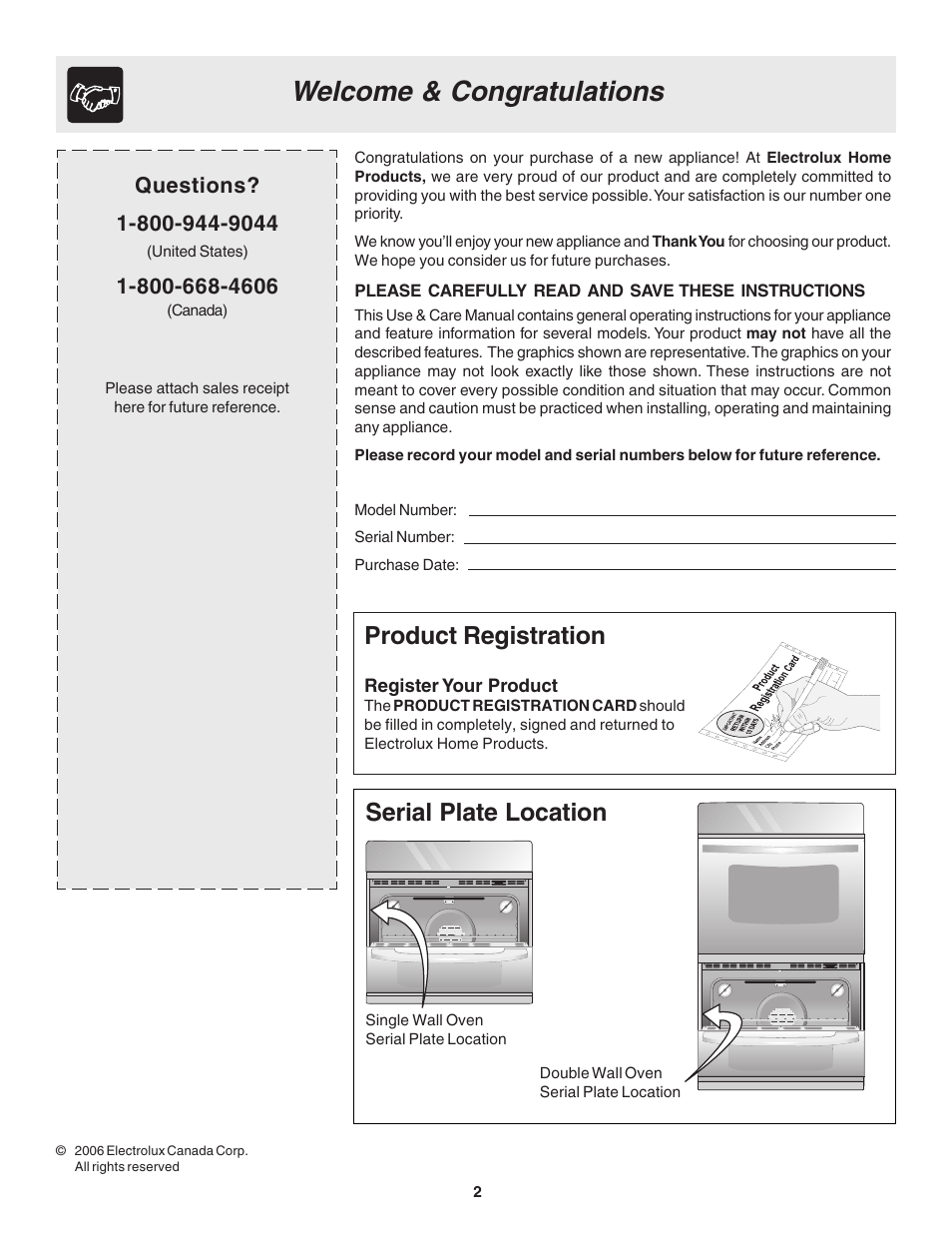 Product registration, Serial plate location | FRIGIDAIRE 318205103 User Manual | Page 2 / 16