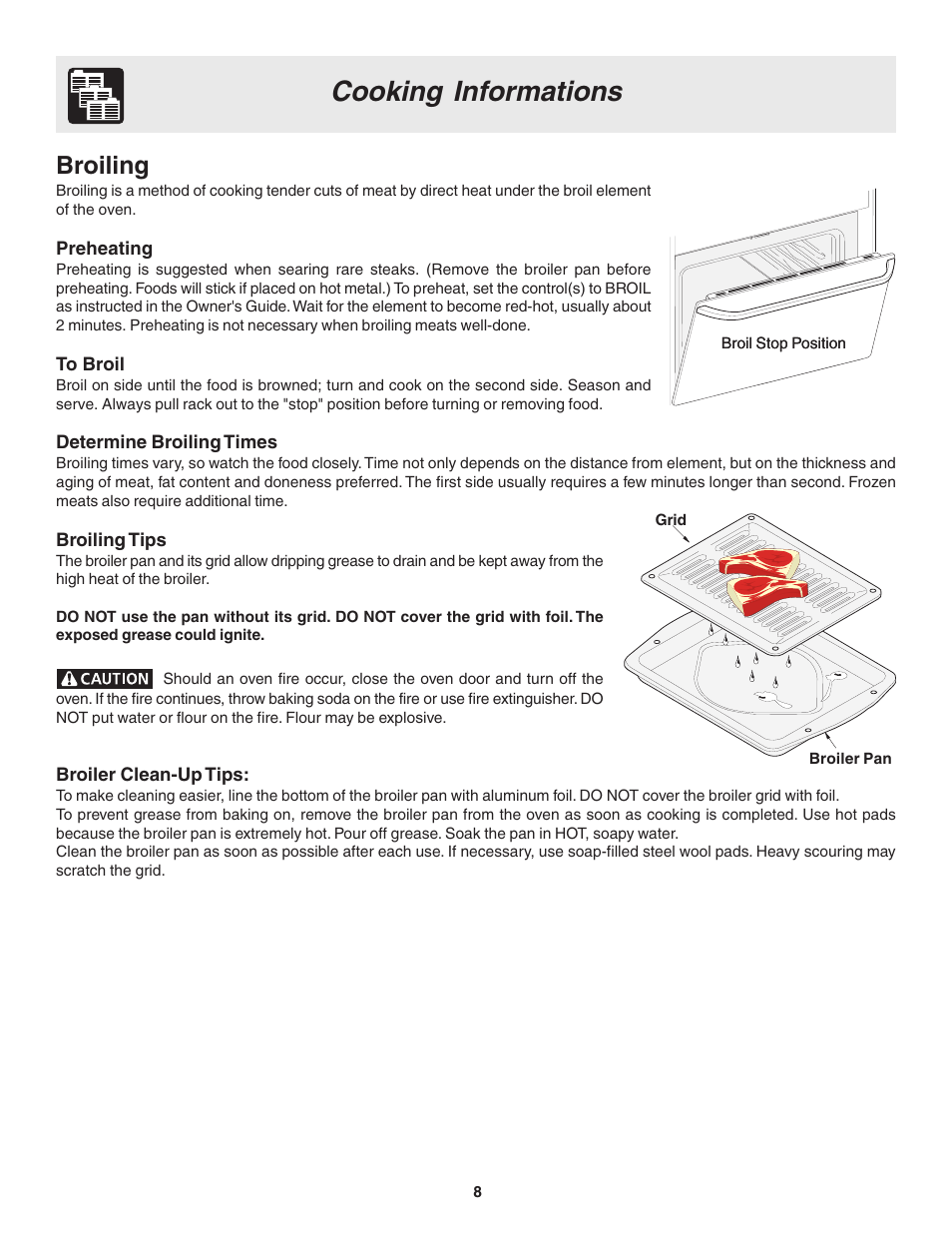 Cooking informations, Broiling | FRIGIDAIRE 318205103 User Manual | Page 8 / 16