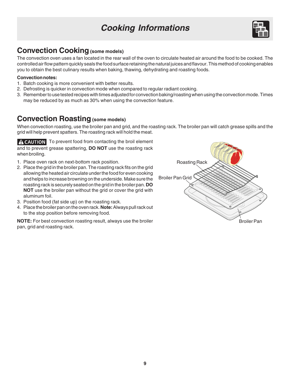 Cooking informations, Convection cooking, Convection roasting | FRIGIDAIRE 318205103 User Manual | Page 9 / 16