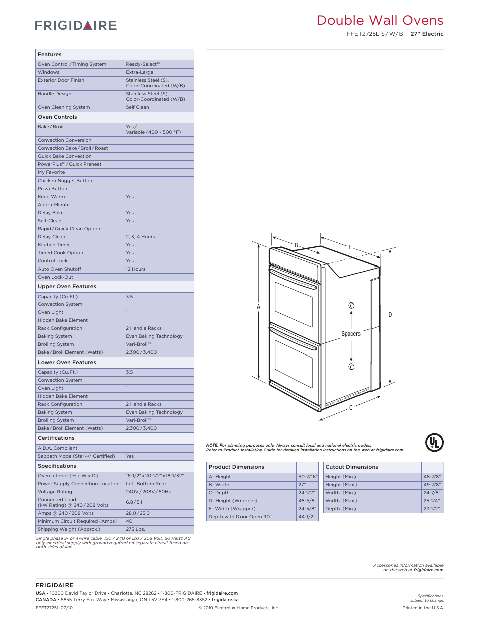 Double electric wall ovens frigidaire baseline, Double wall ovens | FRIGIDAIRE FFET2725L User Manual | Page 2 / 2
