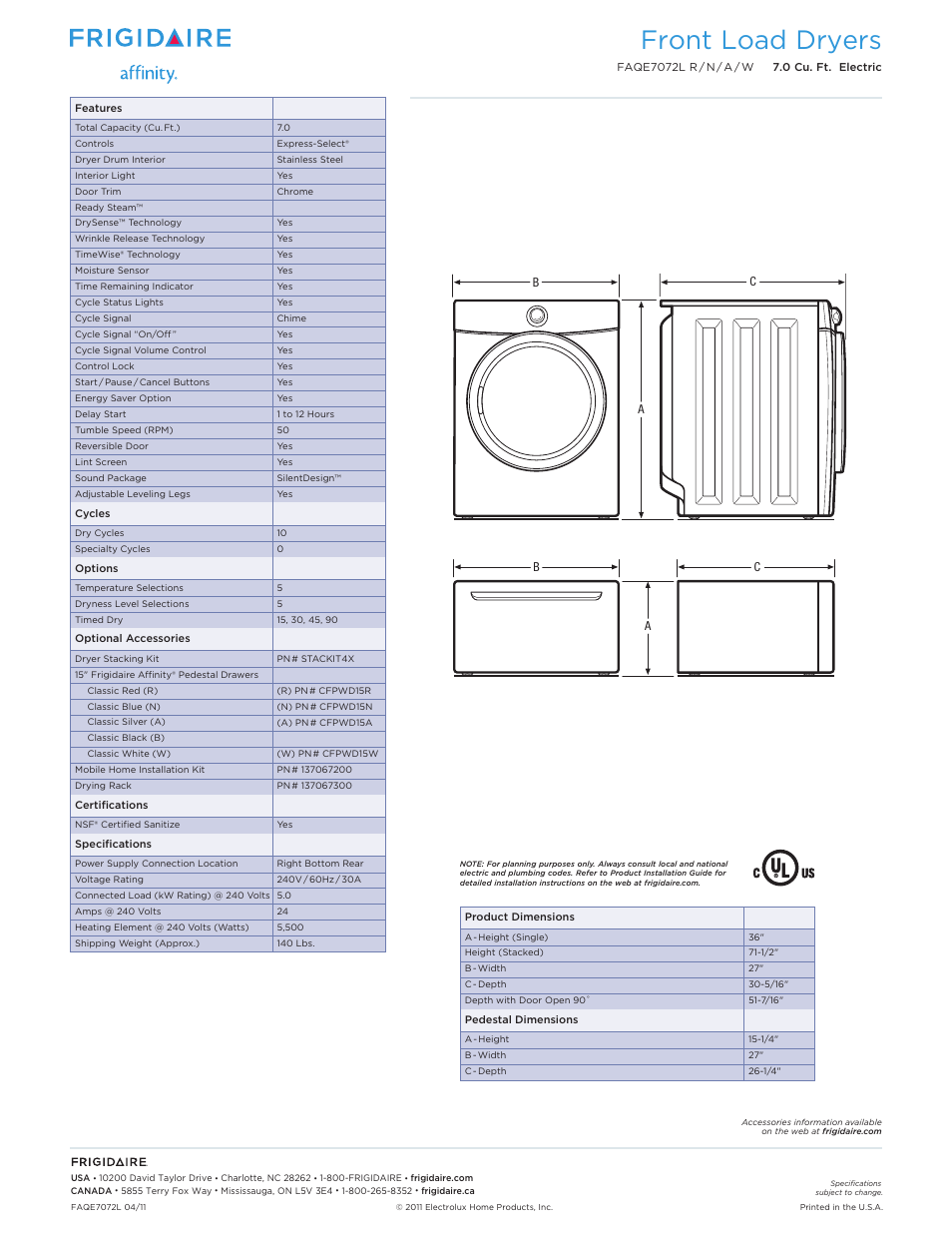 Front load dryers | FRIGIDAIRE FAQE7072L R/N/A/W User Manual | Page 2 / 3