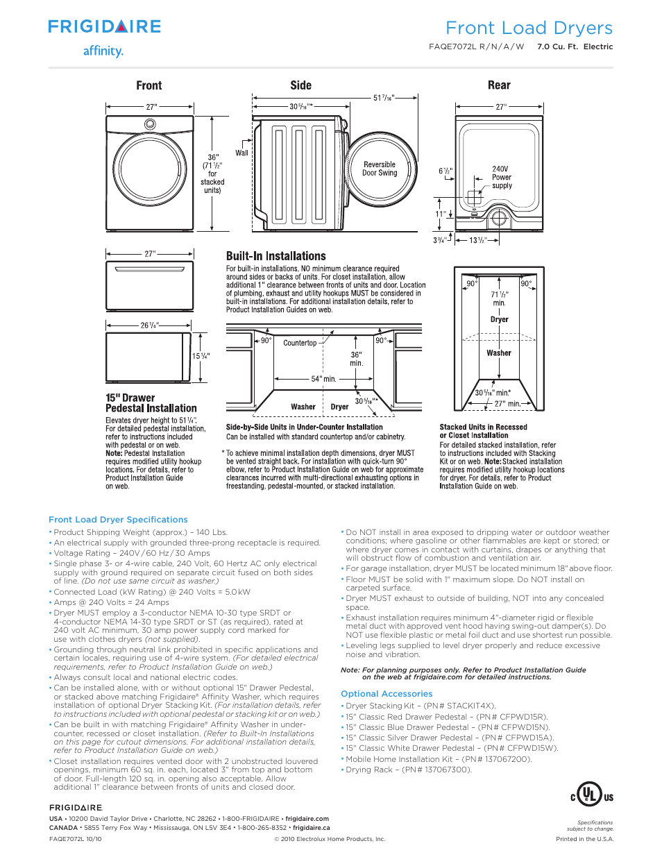 Front load dryers | FRIGIDAIRE FAQE7072L R/N/A/W User Manual | Page 3 / 3