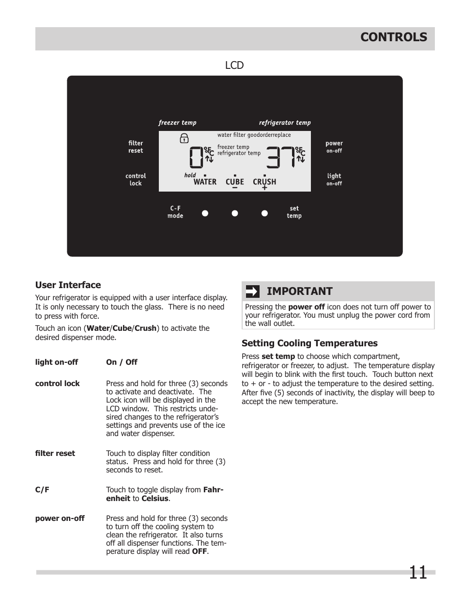 Controls, Important | FRIGIDAIRE 242063600 User Manual | Page 11 / 20