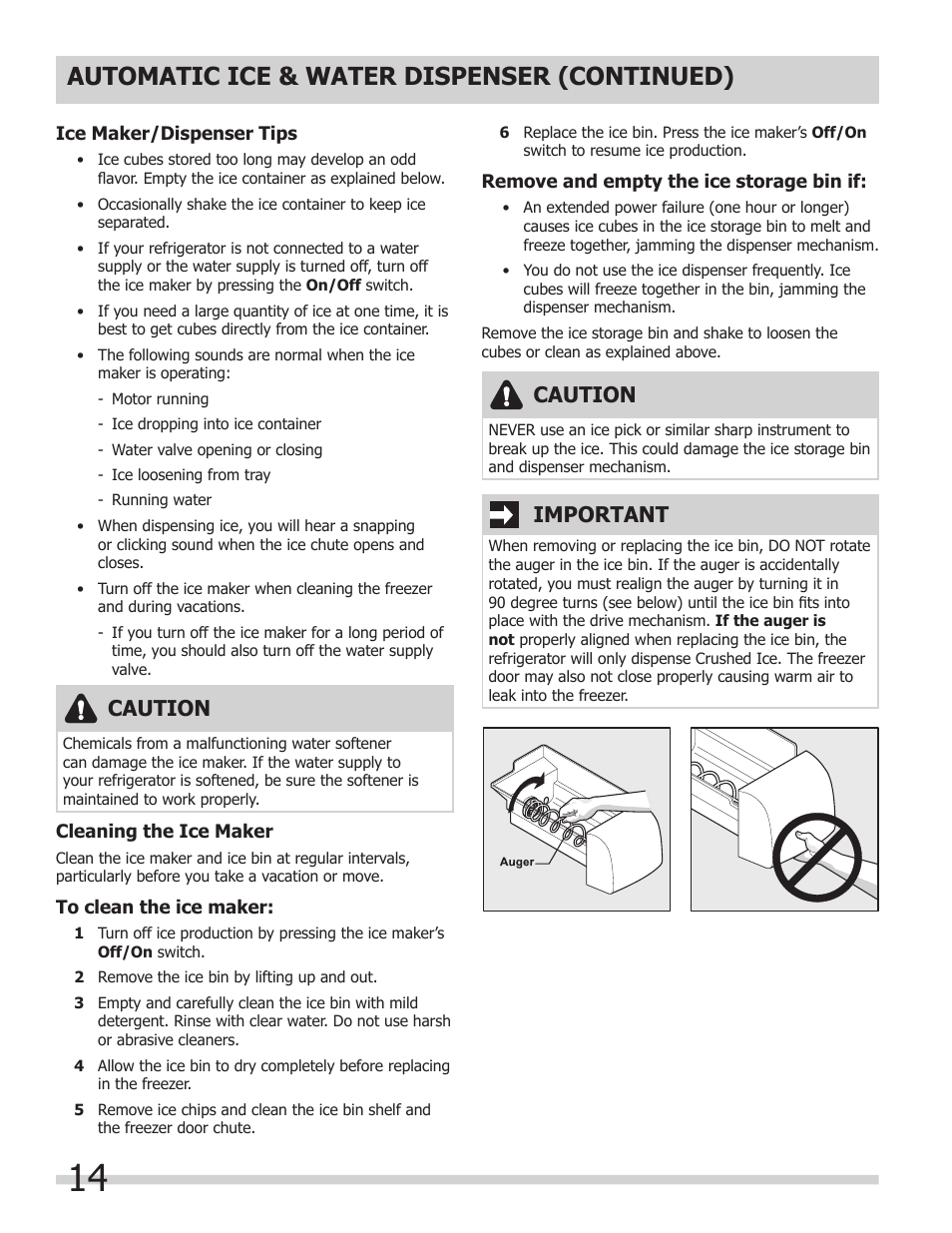 Automatic ice & water dispenser (continued), Caution, Important | FRIGIDAIRE 242063600 User Manual | Page 14 / 20