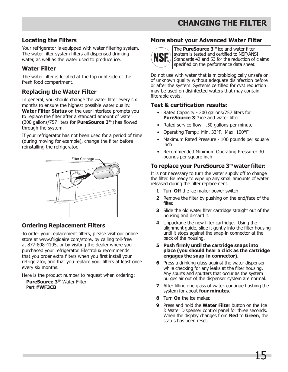 Changing the filter | FRIGIDAIRE 242063600 User Manual | Page 15 / 20