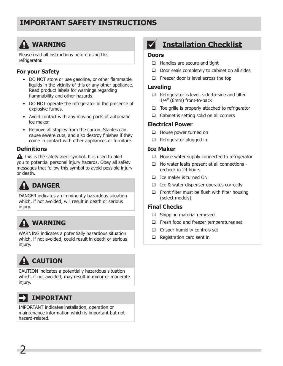 Installation checklist, Important safety instructions, Warning | Important, Danger, Caution | FRIGIDAIRE 242063600 User Manual | Page 2 / 20