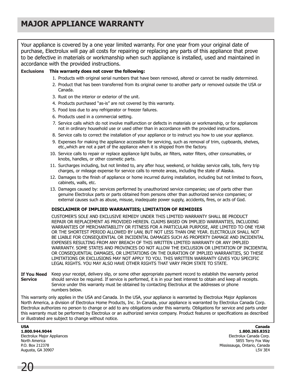 Major appliance warranty | FRIGIDAIRE 242063600 User Manual | Page 20 / 20