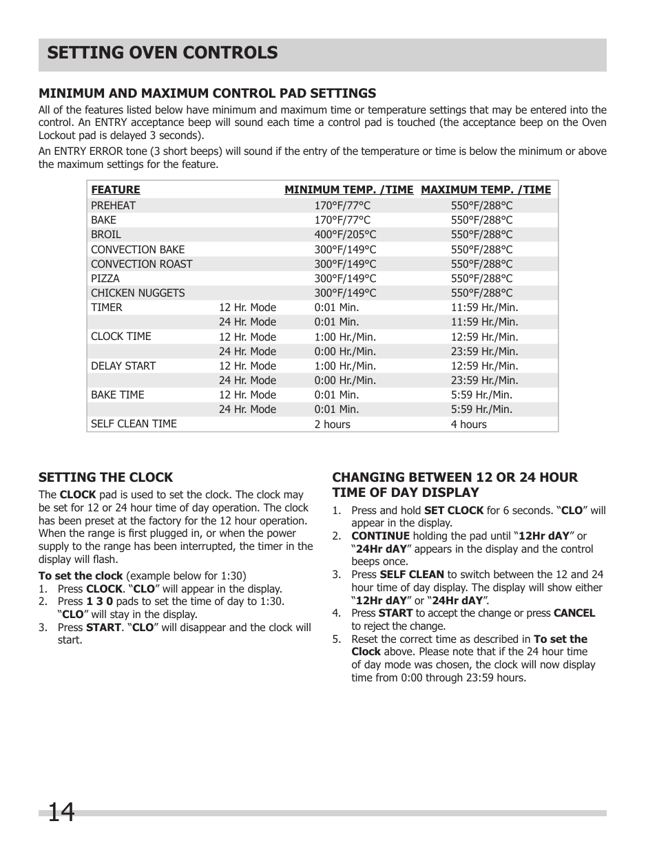 Setting oven controls | FRIGIDAIRE 318205852 User Manual | Page 14 / 36