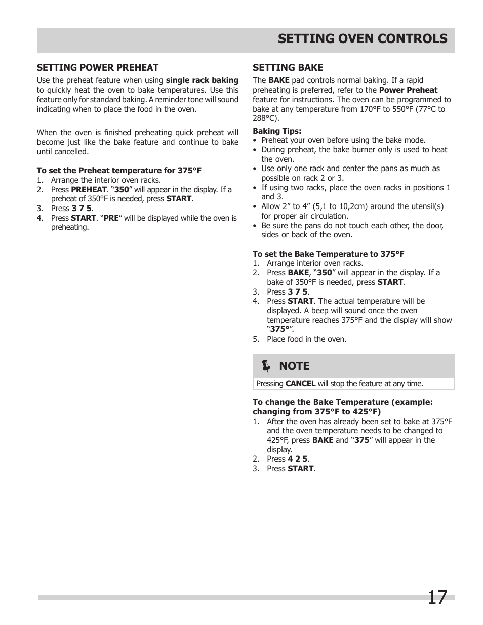 Setting oven controls | FRIGIDAIRE 318205852 User Manual | Page 17 / 36