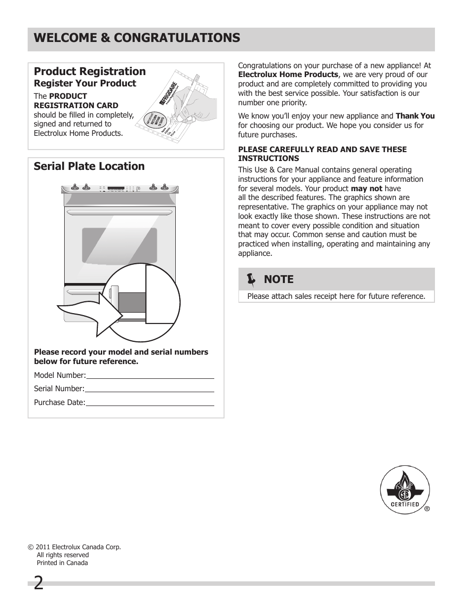 Product registration, Serial plate location | FRIGIDAIRE 318205852 User Manual | Page 2 / 36
