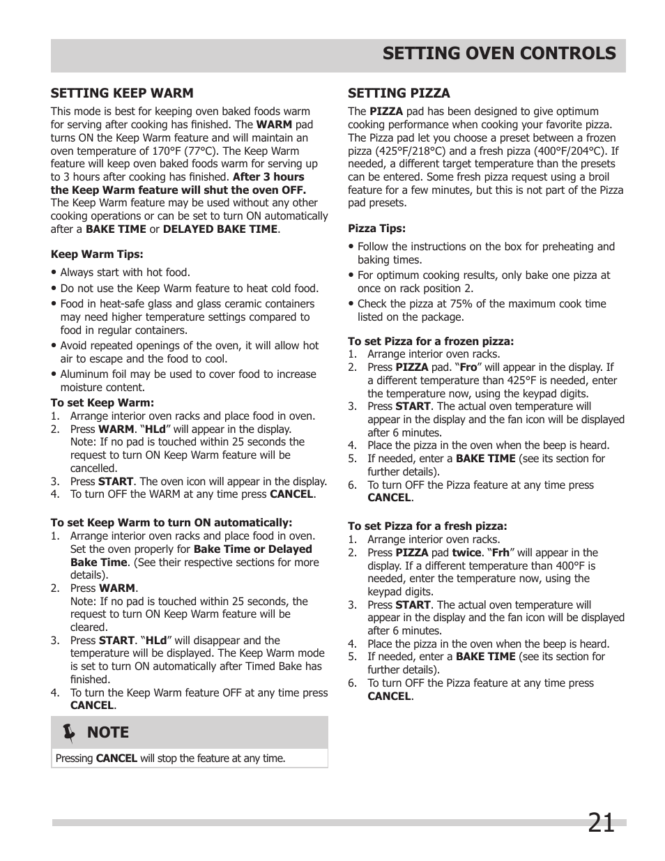 Setting oven controls | FRIGIDAIRE 318205852 User Manual | Page 21 / 36
