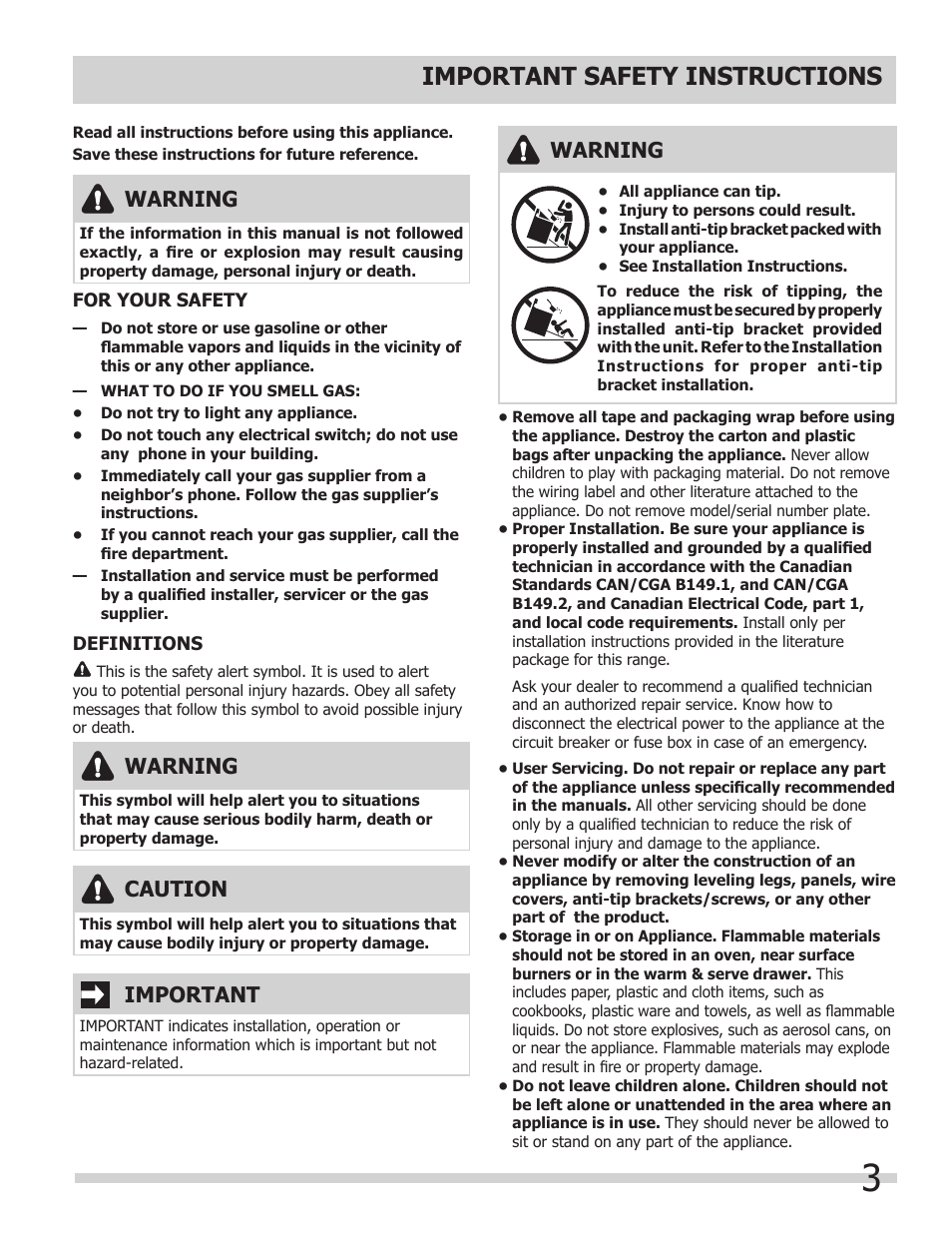 Important safety instructions, Warning, Important | Caution | FRIGIDAIRE 318205852 User Manual | Page 3 / 36