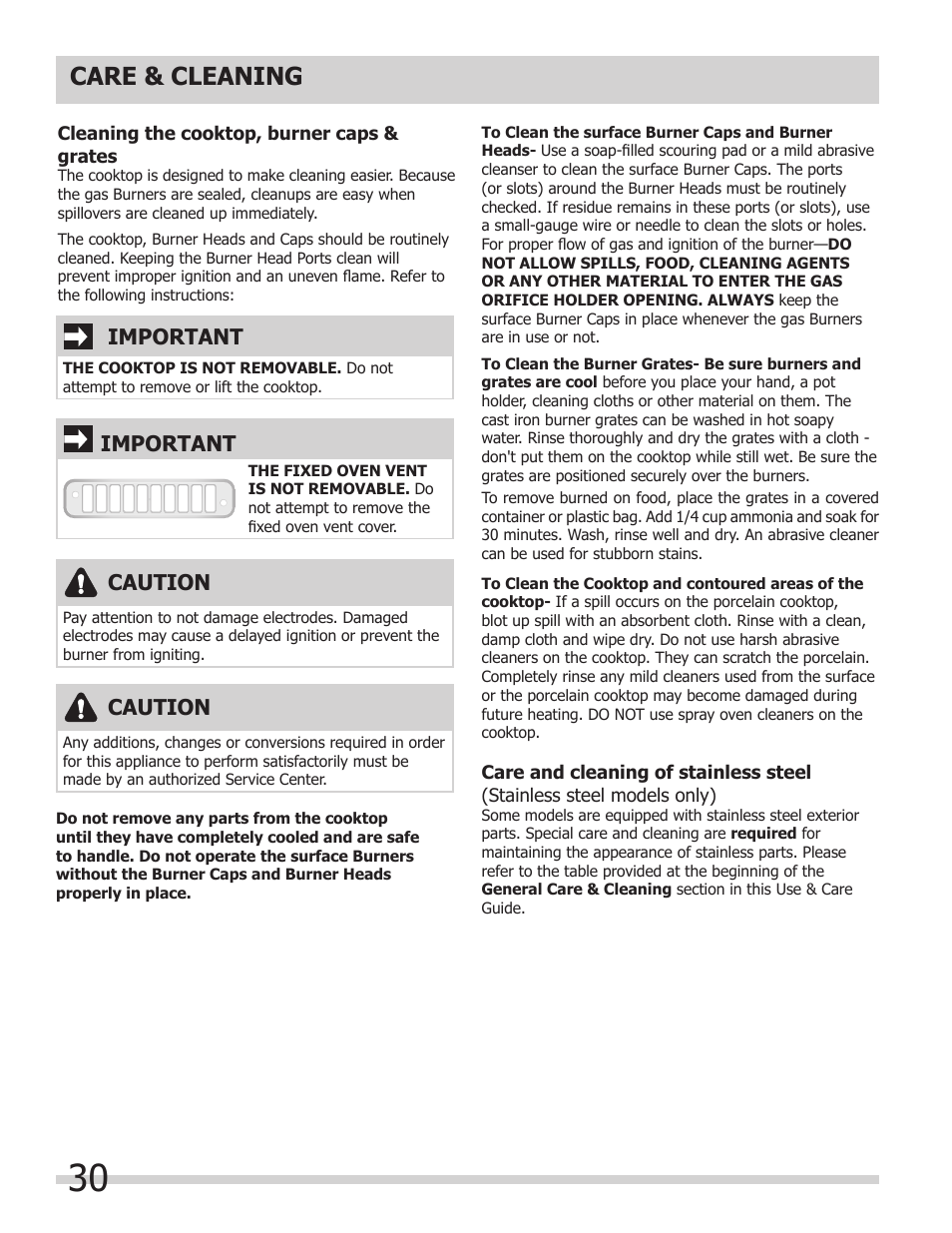 Care & cleaning, Important, Caution | FRIGIDAIRE 318205852 User Manual | Page 30 / 36